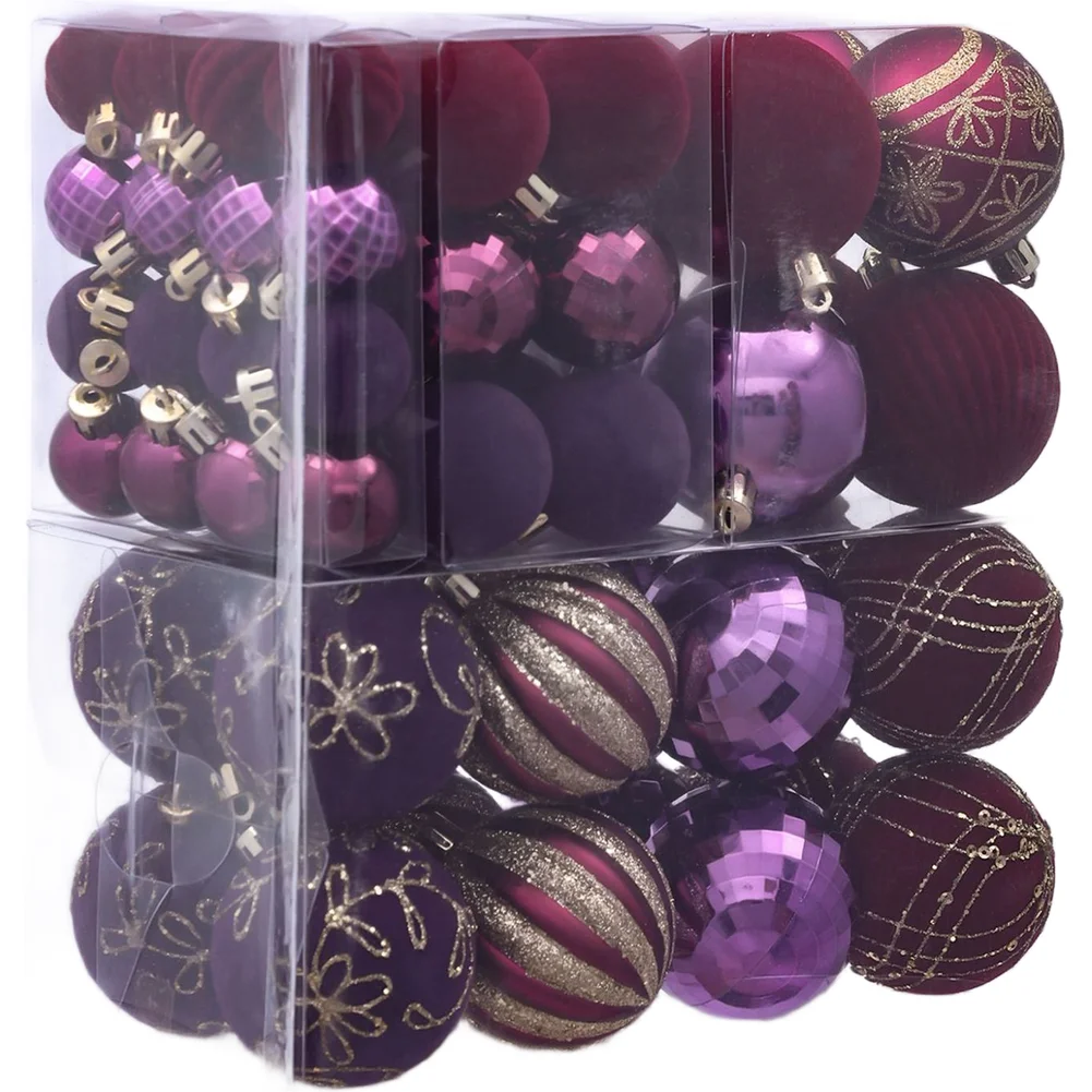 58pcs Purple Flocked Christmas Ball Set 3 4 6cm Painted Ornaments For European Style Tree Decor Holiday Hanging Accessories