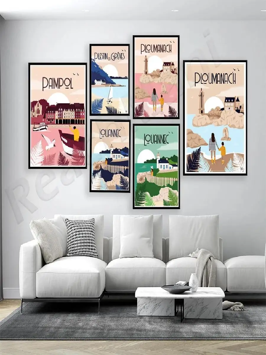 بريتاني ملصقات السفر Paimpol Loannec Ploumanach PlestinlesGrves الوردي الجرانيت ساحل جدار ديكور