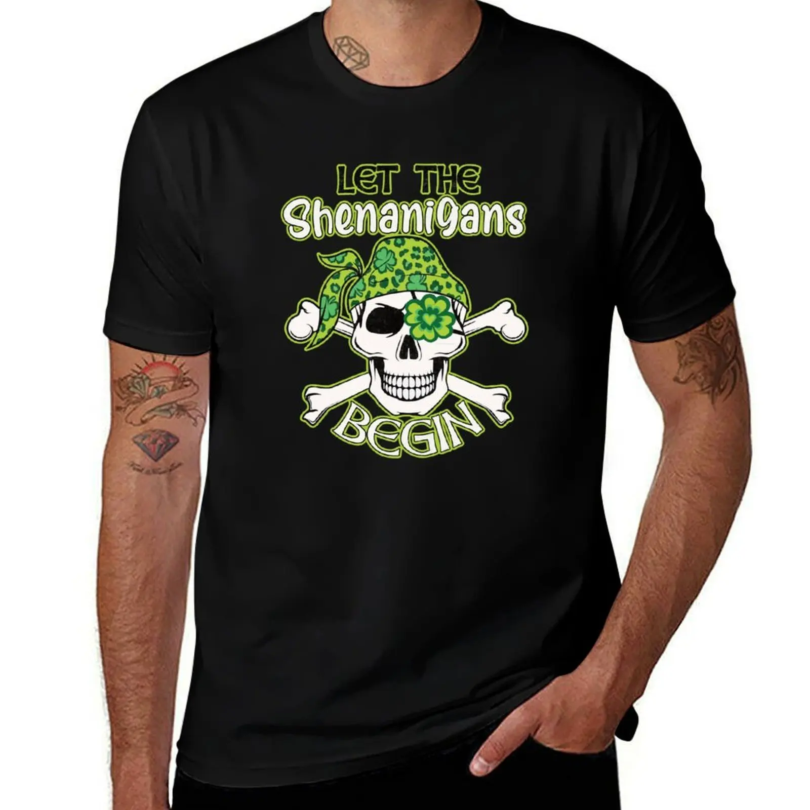 Let the Shenanigans Begin Grinning Skull and Crossbones with Shamrock eyepatch T-Shirt Casual All Match Short Sleeve T-Shirt