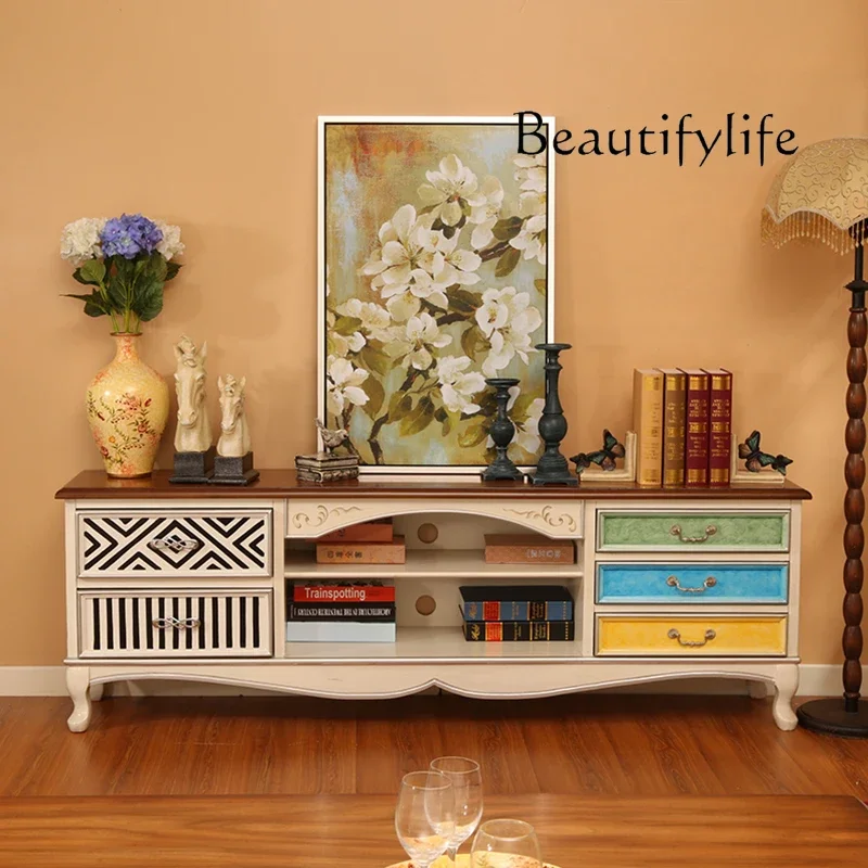 XE American Furniture Country Five Draw TV Cabinet Living Room Retro Painted Storage Mediterranean TV Cabinet