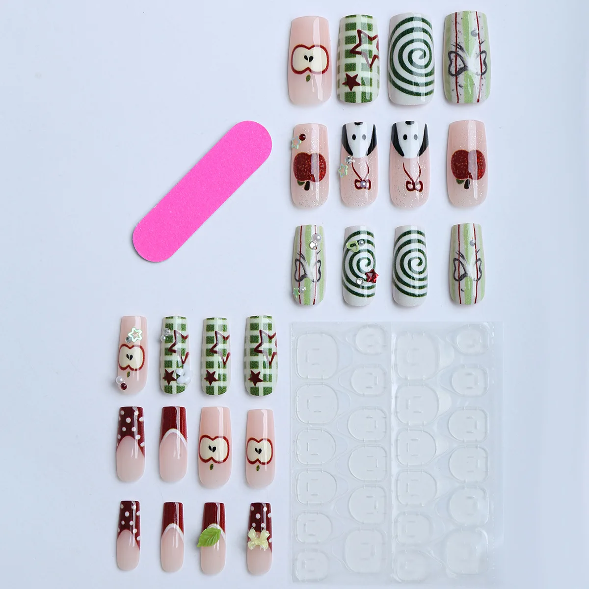 24pcs Y2k Gradient Green Fake Nails Cute Cartoon Apples Bowknot Flower Design Press On Nails Long Coffin French Style False Nail