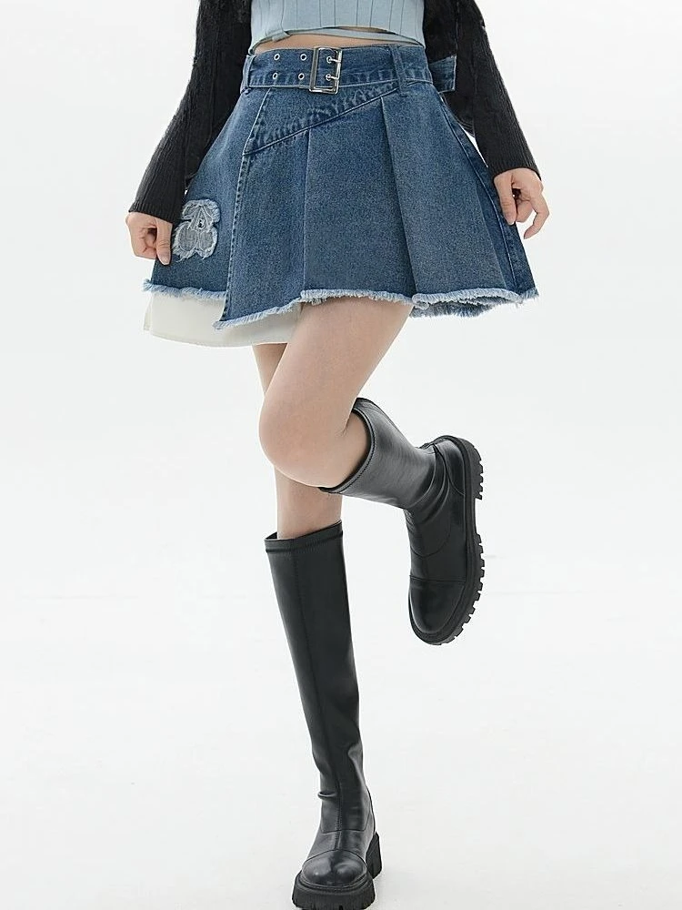 2025 Zomer Vrouwen Hoge Taille Gescheurde Kwastje Sjerp Designer Geplooide Borduren Denim Rok, Vrouw Rokken