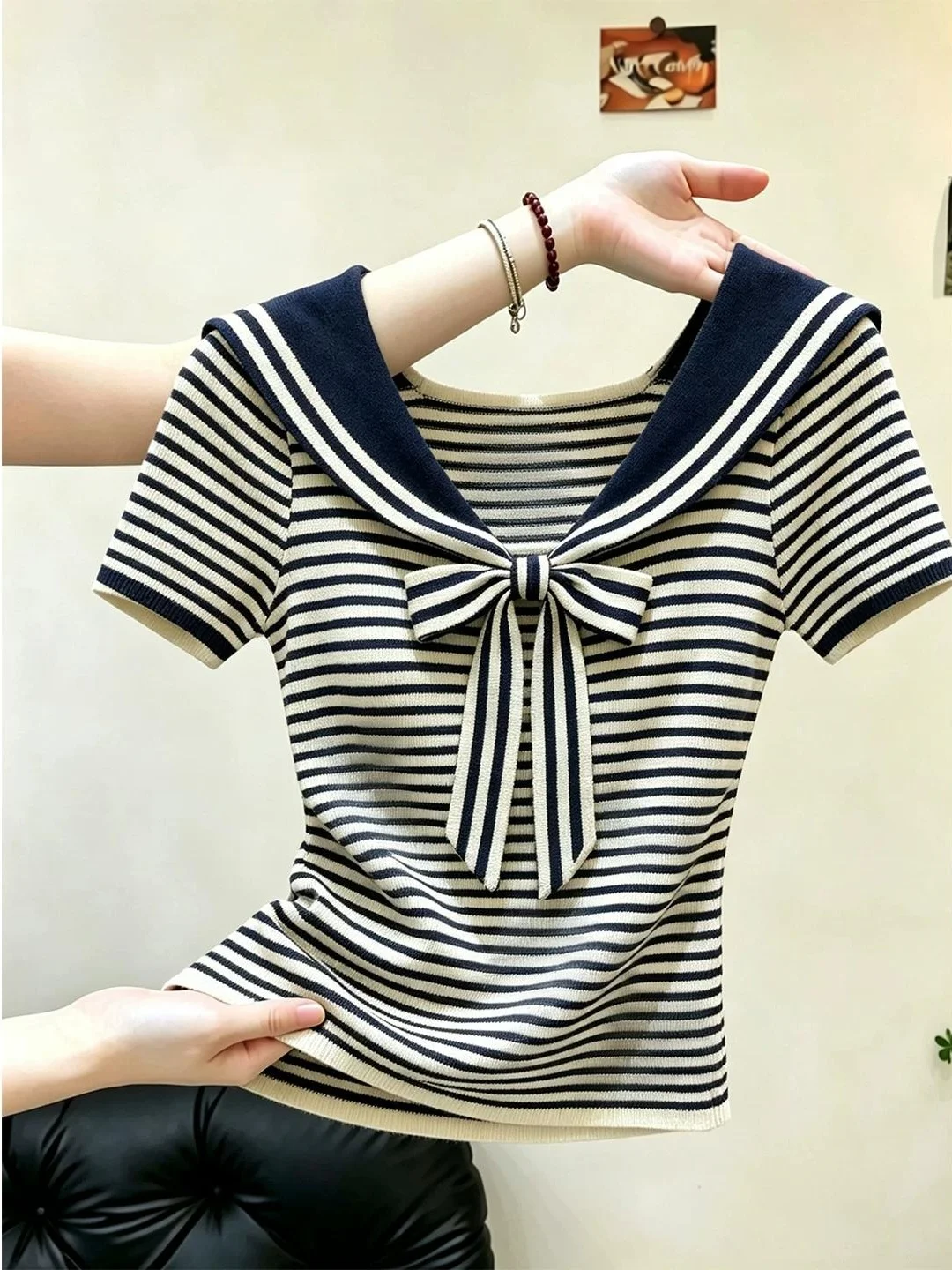 Fashionable  Knot Belted Slimming Youthful Striped Navy Collar Women's T-Shirt Summer New Style Korean Style Slim Fit
