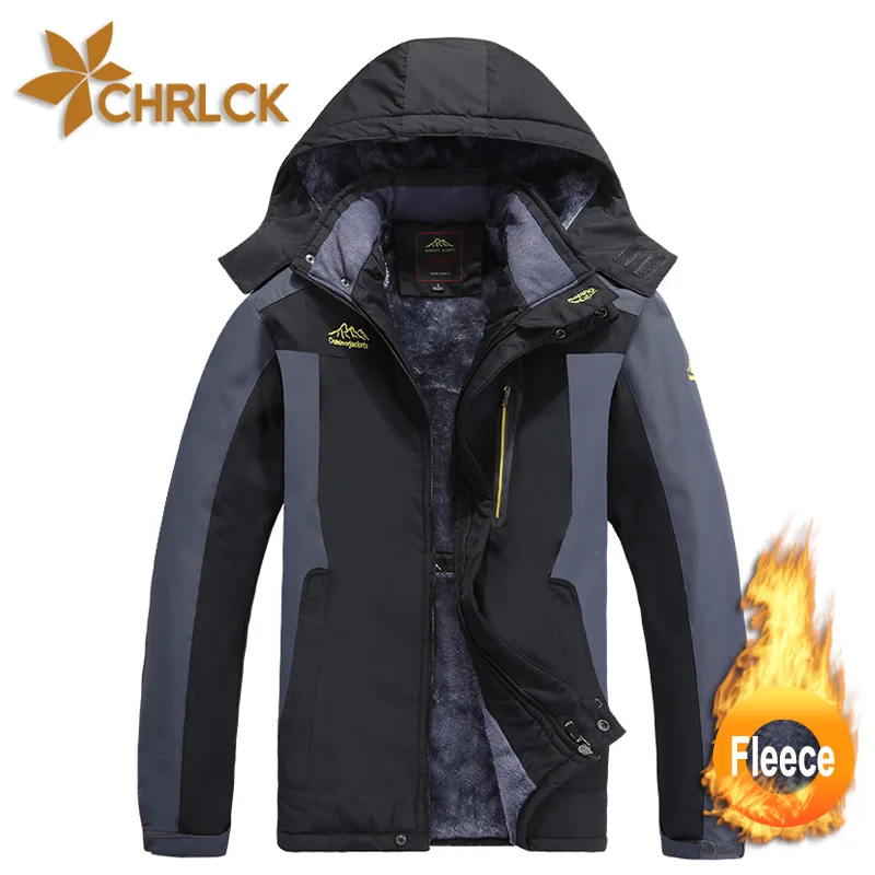 CHRLCK Men\'s Waterproof Hiking Jackets Winter Men Windbreak Plus Velvet Thick Warm Windproof Fur Coats Large Size Jackets L-9XL