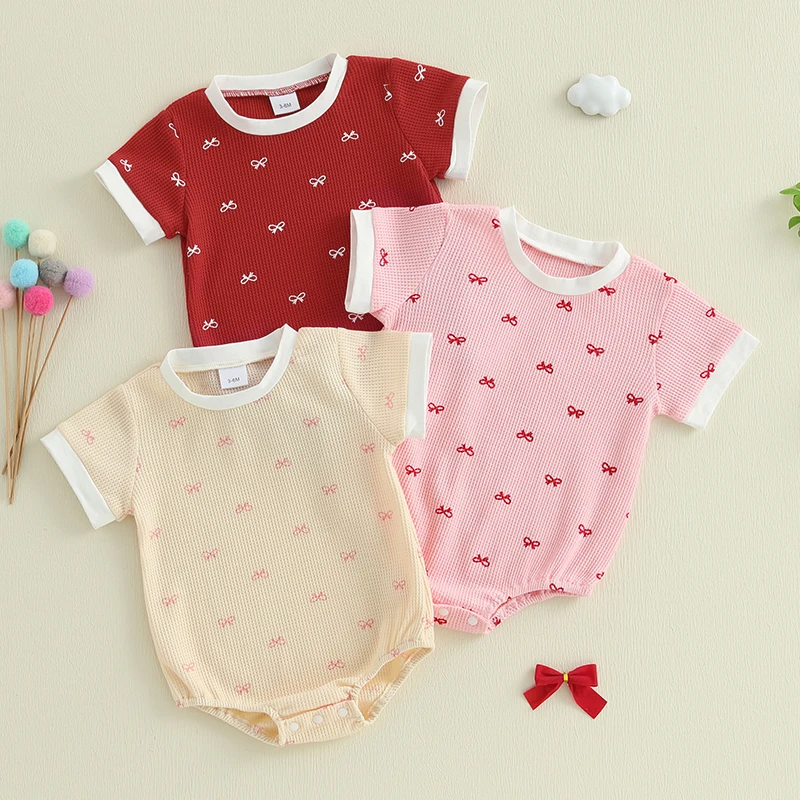

Summer Newborn Baby Girls Rompers Infant Short Sleeve Round Neck Bow Print Jumpsuits 0-18M Fashion Baby Clothing