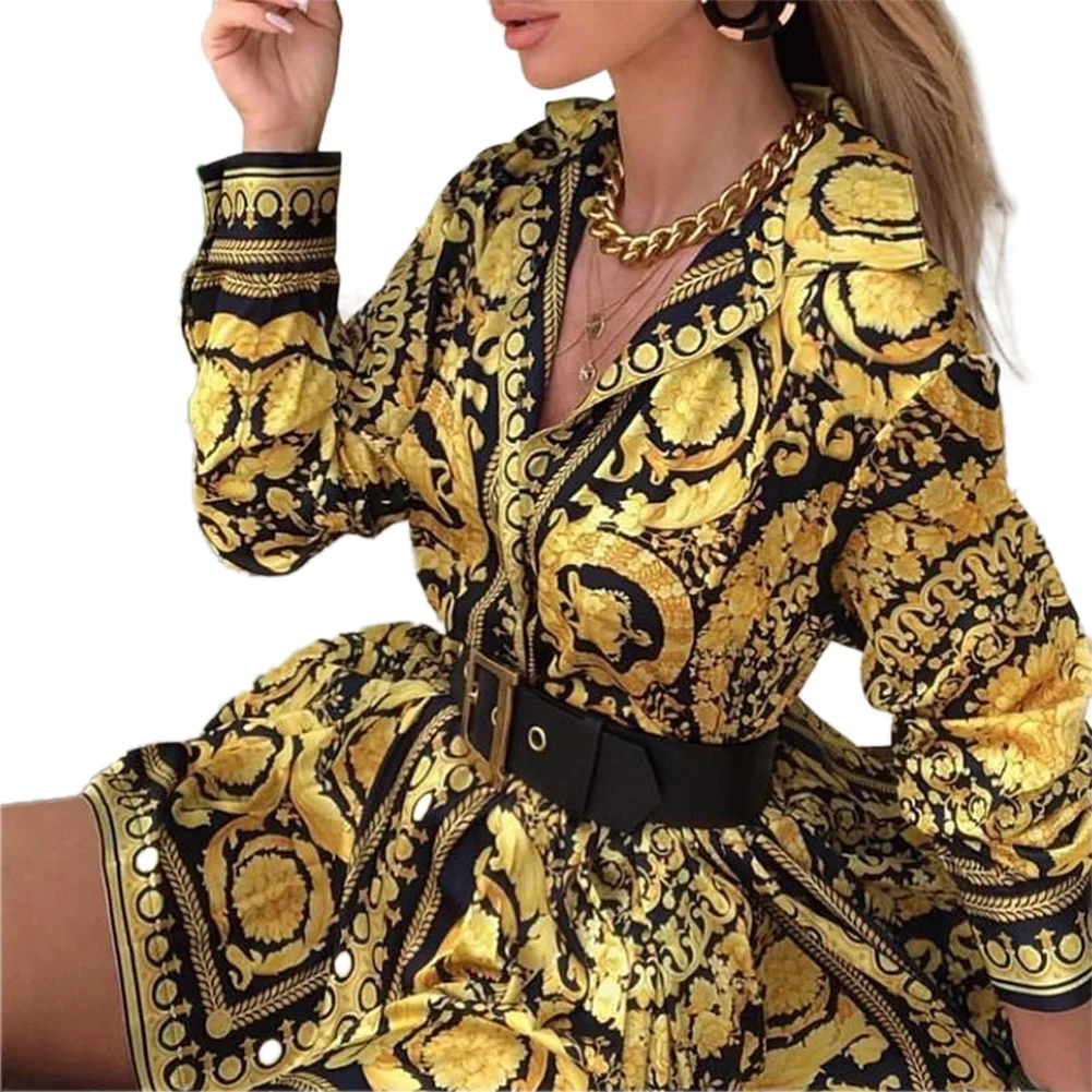 Women Autumn Clothes Floral Vintage Lapel Long-Sleeves Form-Fitting Skirt with Button Open for Ladies