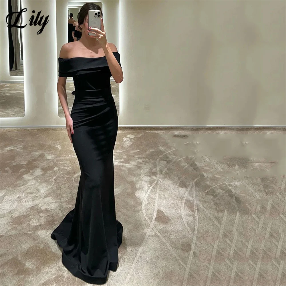 

Lily Simple Black Evening Dress Mermaid Satin Party Dress Sexy Off The Shoulder Robe De Soirée Wrap Hips Sweep Train Prom Dress