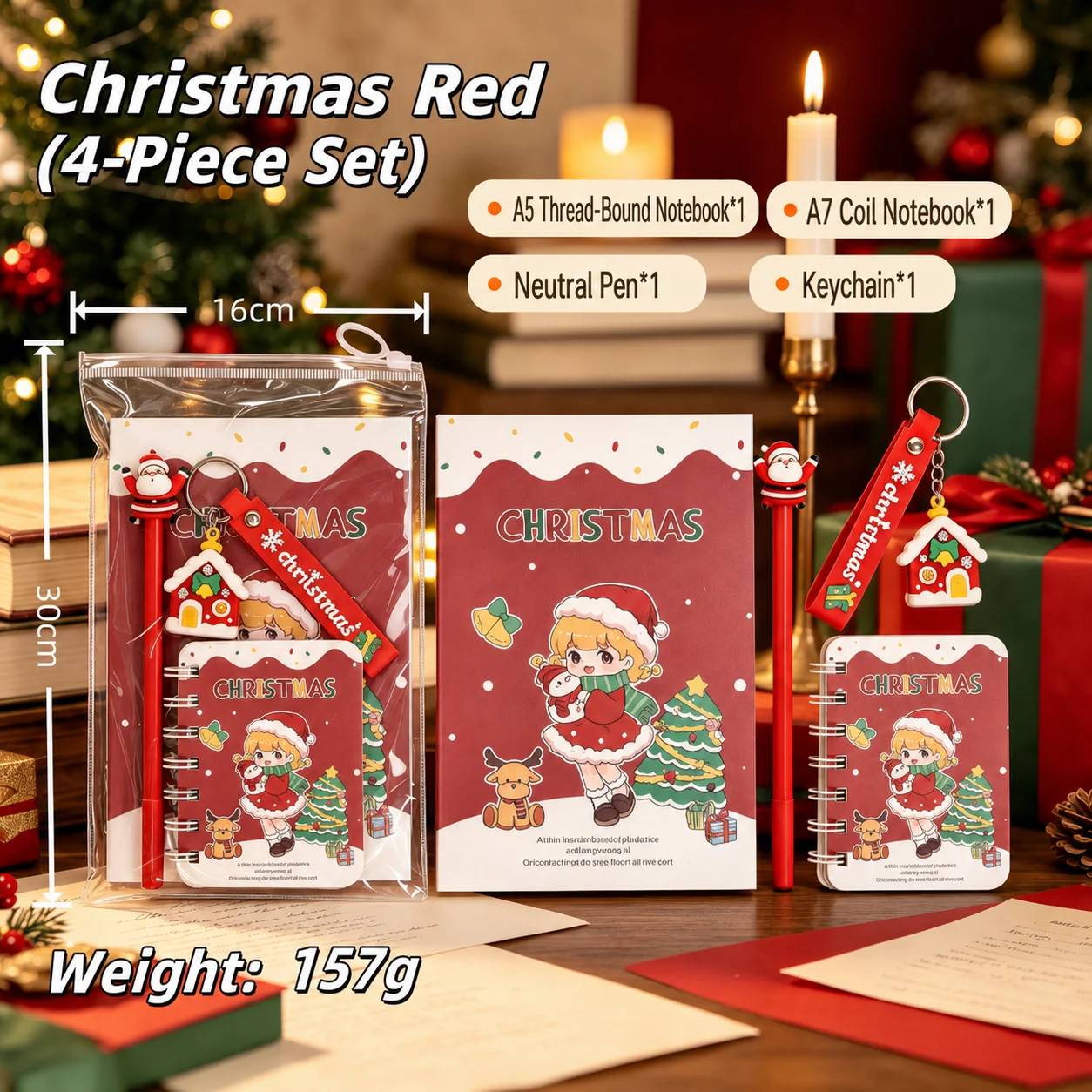 Christmas Stationery Set Transparent Christmas Themed Keychain 4 Piece Stationery Set Creative PVC Zipper Bag For Christmas Gift