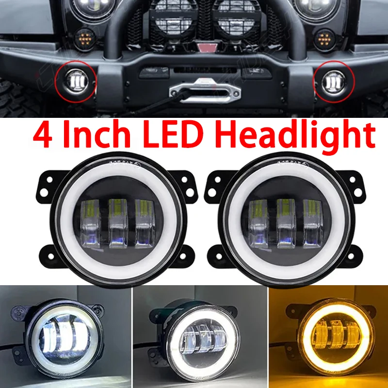 4 Inch Round LED Fog Light With White Halo Ring DRL Amber Turn Signal Lamp For Jeep Wrangler JK Dodge Chrysler Off-Road Fog Lamp