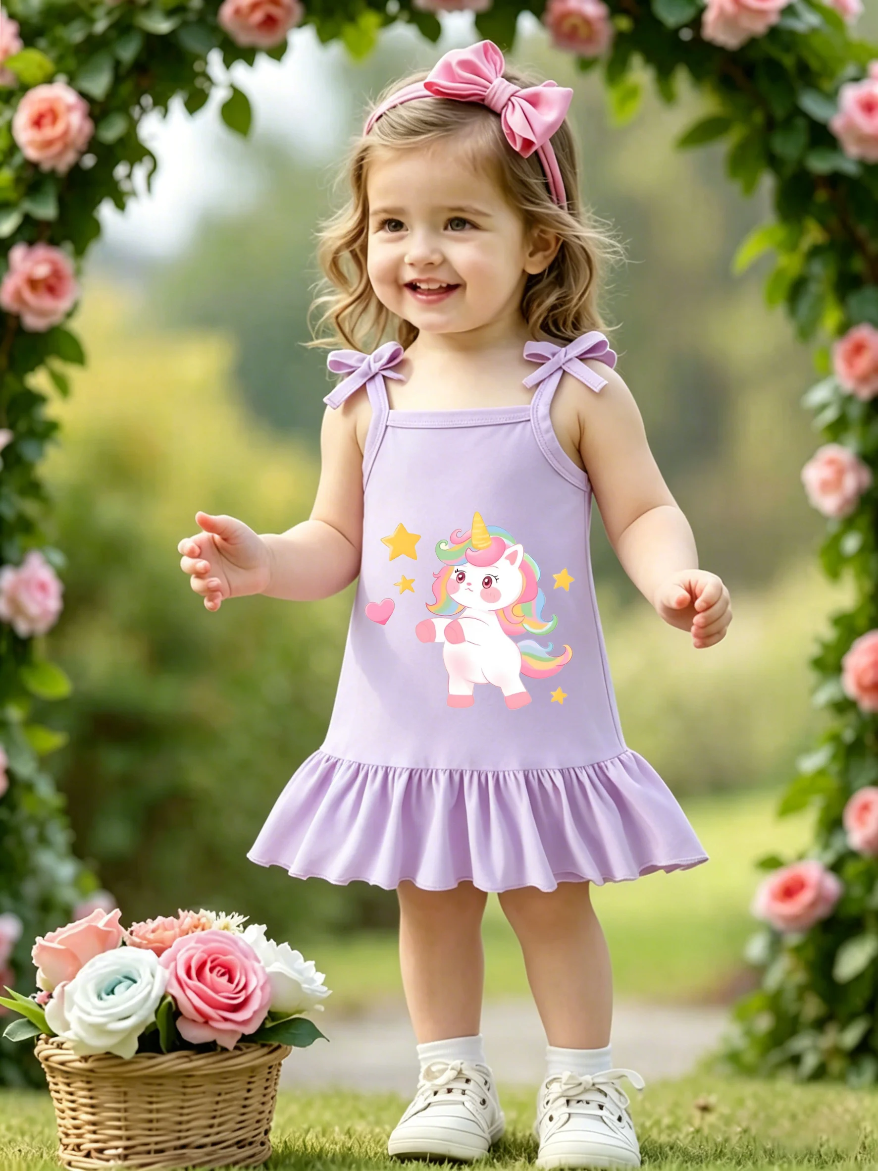 

Toddler Must-Have! Light Purple Unicorn Print Girls Cami Dress, Playful Ruffle Hem Summer Dress