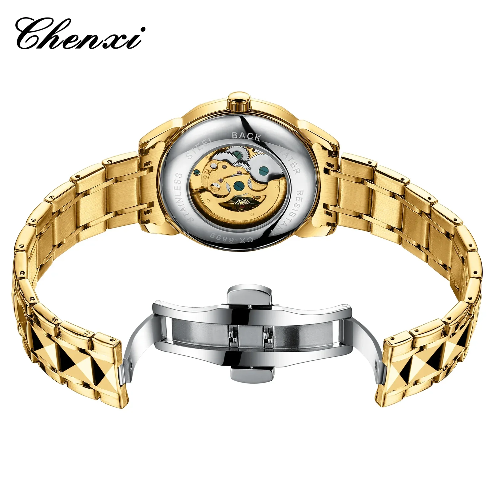 Chenxi 8899 Chinese Nation Cultuur En Kunst 3d Reliëf Dragon Patroon Goud Automatisch Mechanisch Roestvrij Staal Horloge Voor Mannen