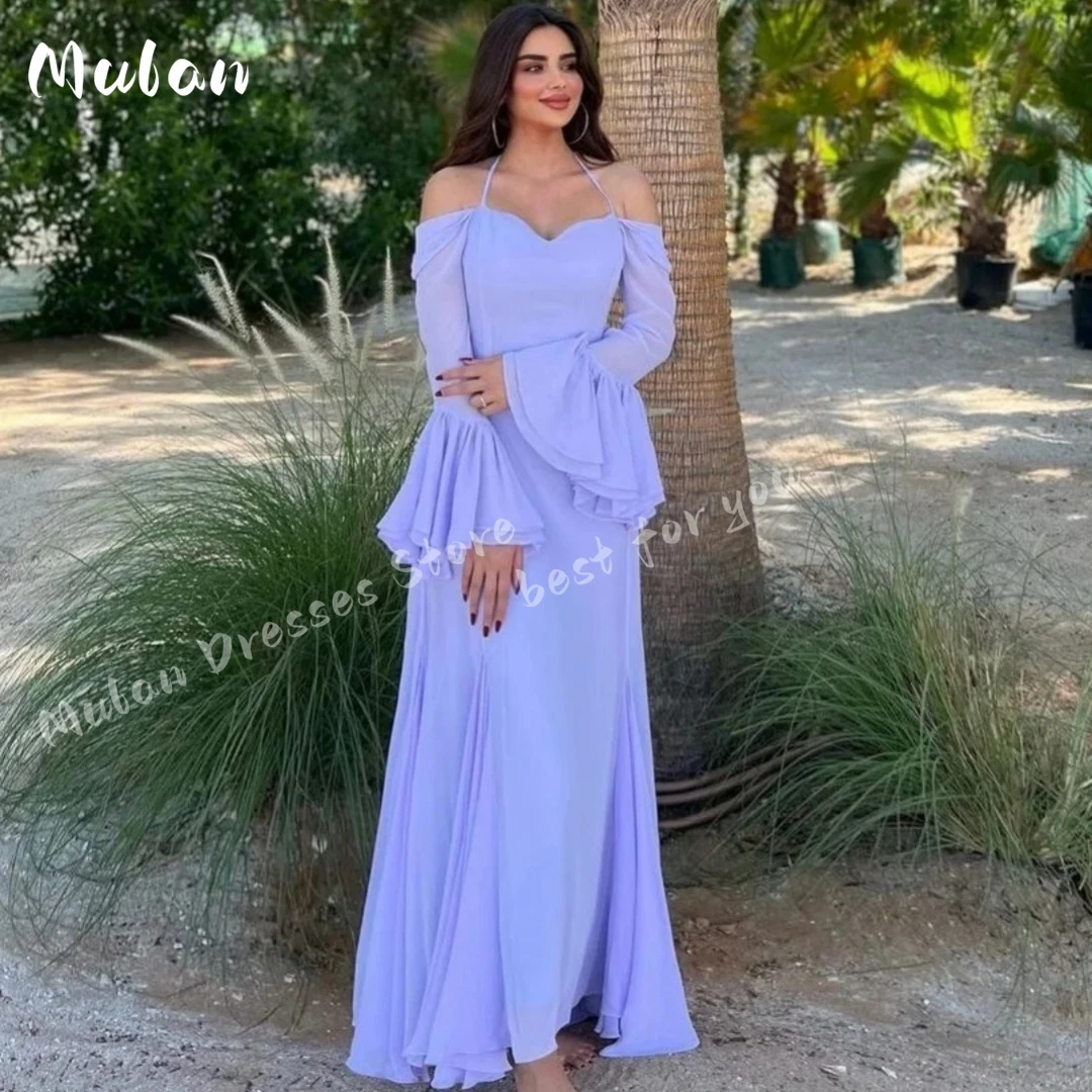 

Halter Lilac Chiffon Prom Dresses Long Flare Sleeves A-line Modern Girl Evening Dress Off Shoulder Formal Occasion Party Gown