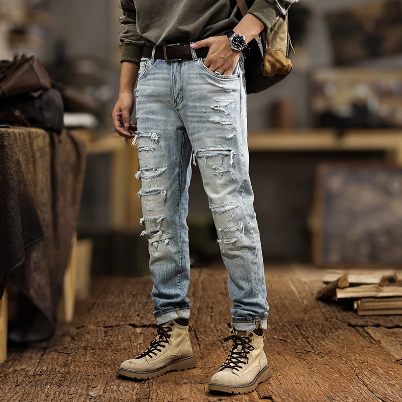 Spring Light Blue Ripped Hole Denim Jeans Men's American High Street Beggar Pants Retro Washed Slim Fit Small Leg Pants Handsome