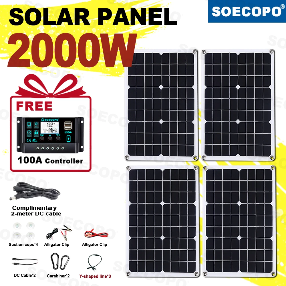 SOECOPO 2000 W tragbares Solarpanel-Set mit 4 x 500 W-Panels, kostenlosem 100-A-Controller, Dual-USB 5 V – ideal für Camping-Ladetelefon