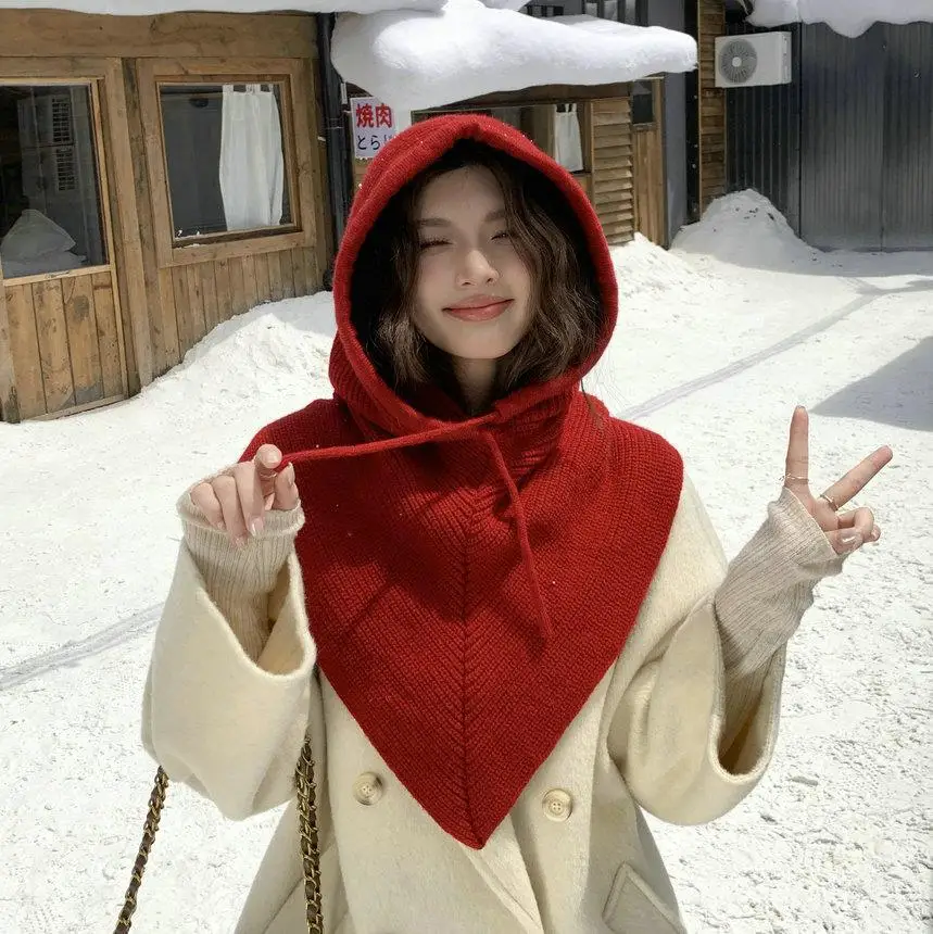 Knitted Balaclava Hat for Women Winter Knitting Hooded Caps Triangle Wrap Drawstring Hats One-Piece neck Collar Beanies Cap