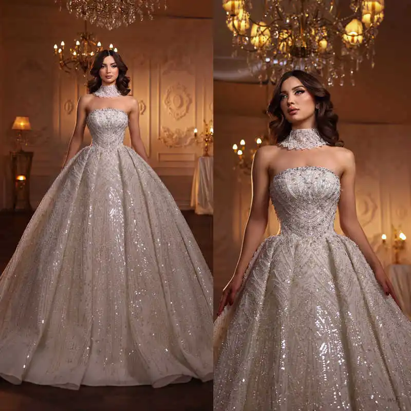 

Luxurious Wedding Dresses Sleeveless Strapless Crystal Sequins Ball Gown Bride Gown Sweep Train Customized Vestido De Novia