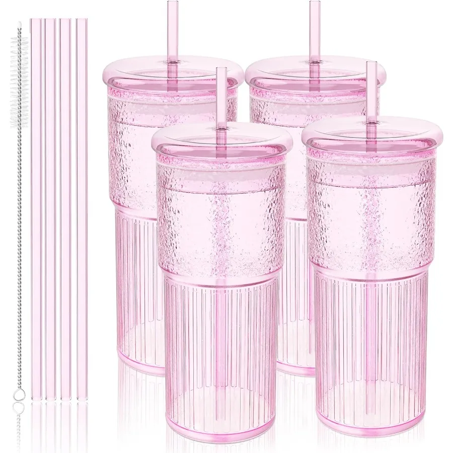 

20oz Glass Cups with Lids and Straws - Set of 4 Reusable Tumblers Thickened Shatter-Resistant Glass Ideal for Iced Coffee Smoot