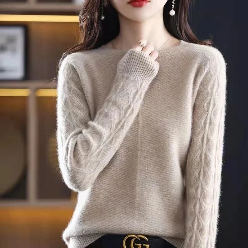 Women\'s 100% Pure Wool Cashmere Sweater O-Neck Pullover Knitted Casual Sweater Winter New Long-Sleeved Warm High-Grade Jumper