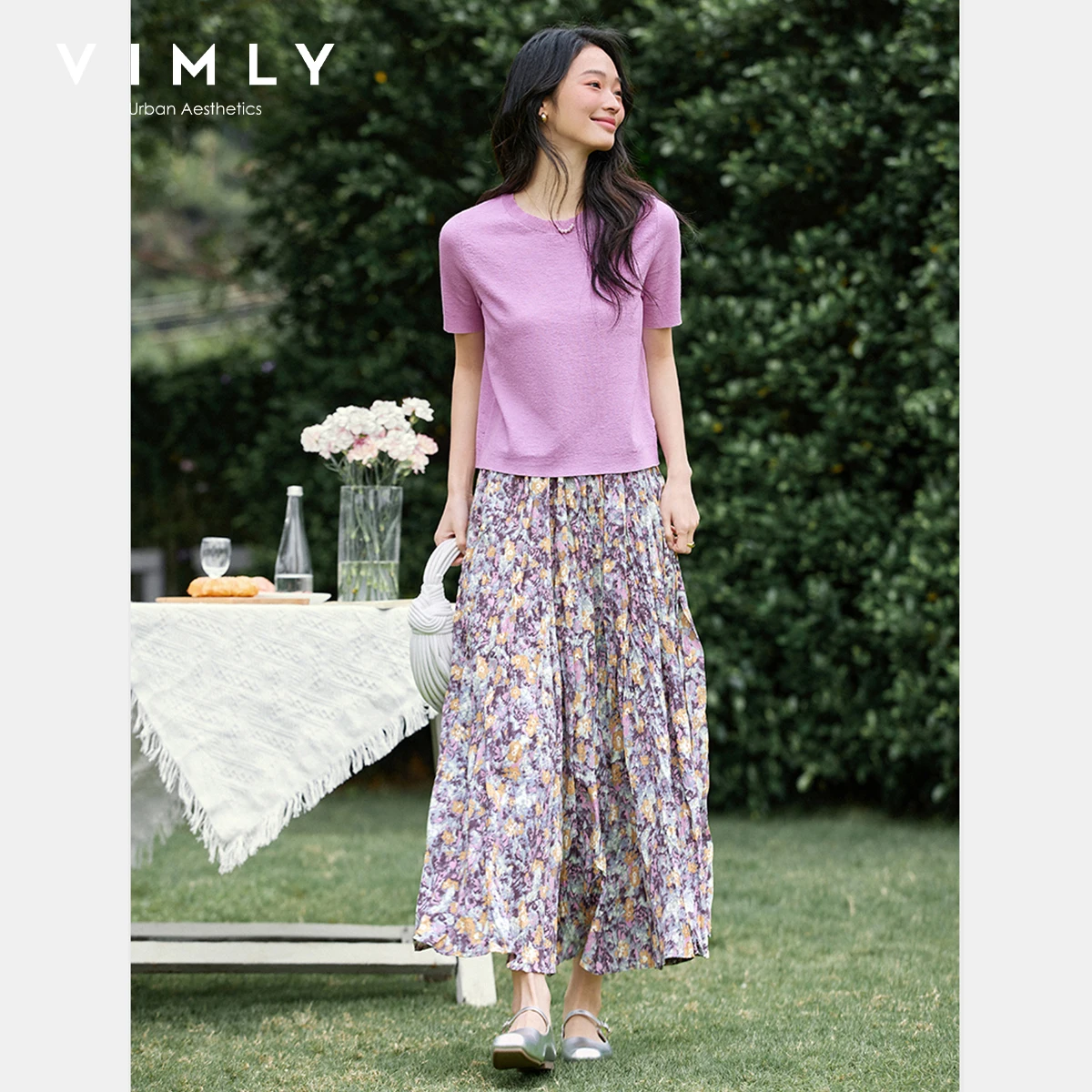 

VIMLY Prairie Chic Two-piece Skirt Sets 2025 Summer Women's Suit Elegant Knitted O-neck Top Floral Printing Skirt Woman A0328