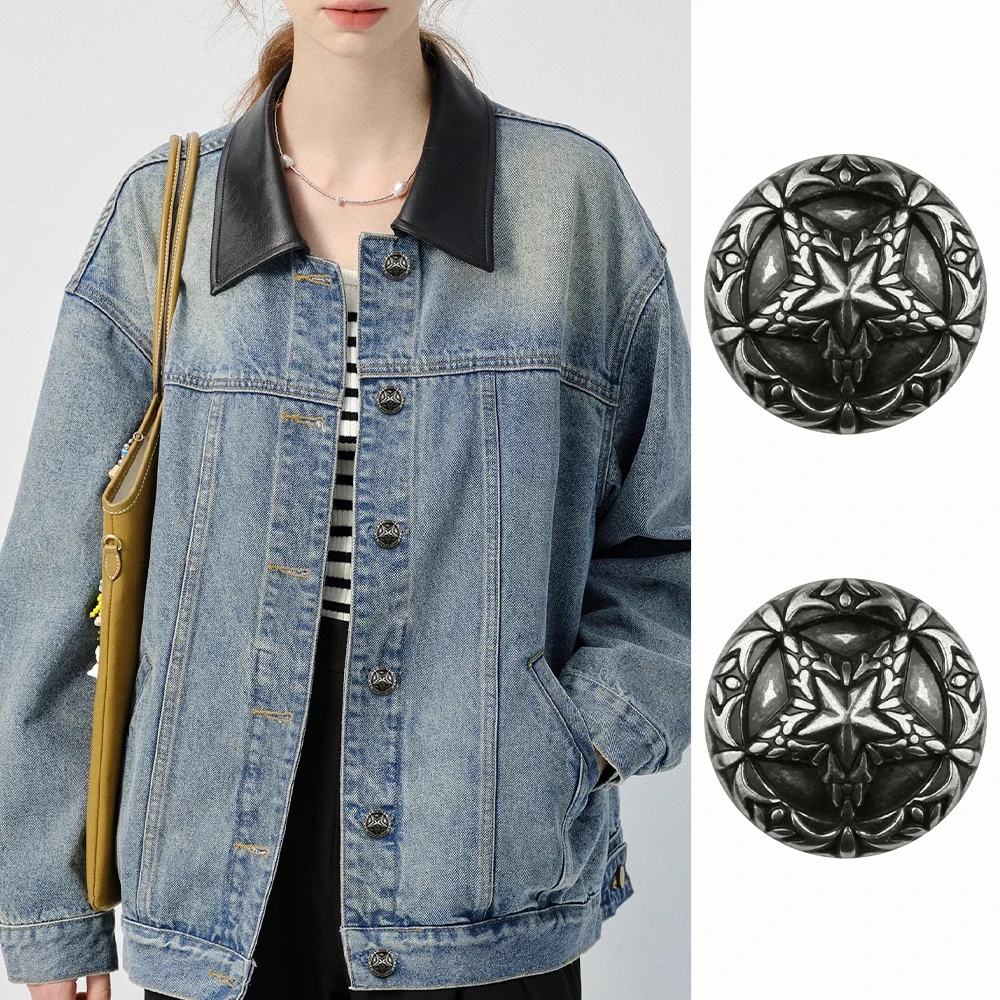 

10PCS Vintage Star Metal Buttons Silver 18/23mm Antique Round Sewing Buttons for Coats DIY Craft Clothing Decorative Accessories