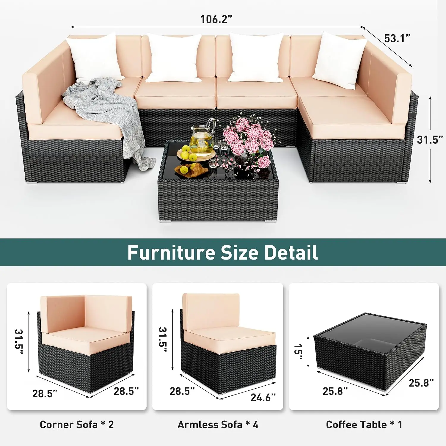 7 Pieces Outdoor Sectional Furniture，Wicker Patio sectional Furniture Sets，All-Weather Rattan Sectional Sofa, Customized
