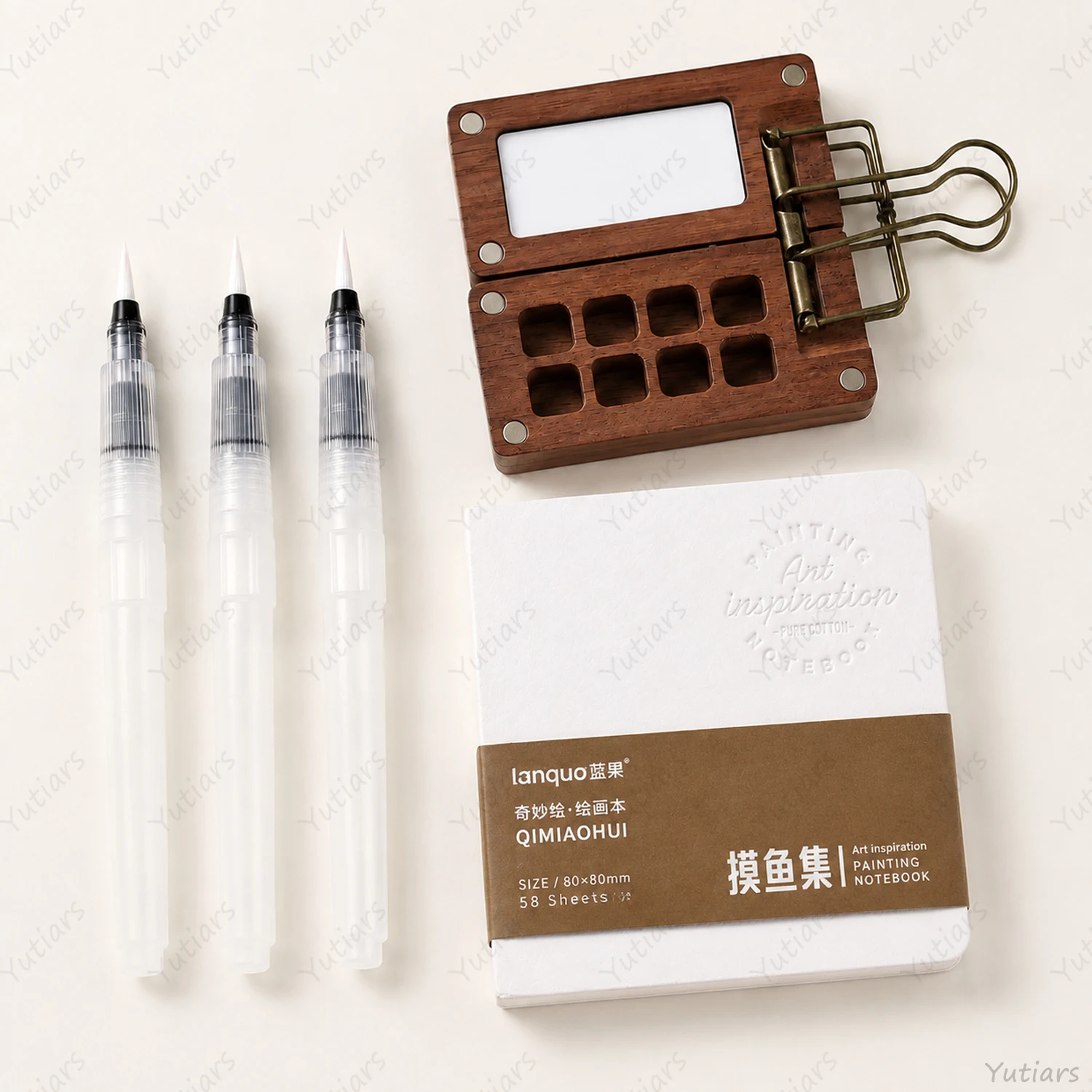 Mini Watercolor Kit with Wooden Palette, 3 Water Brush Pens and Mini Sketchbook, Portable Art Set for Travel Painting Pro
