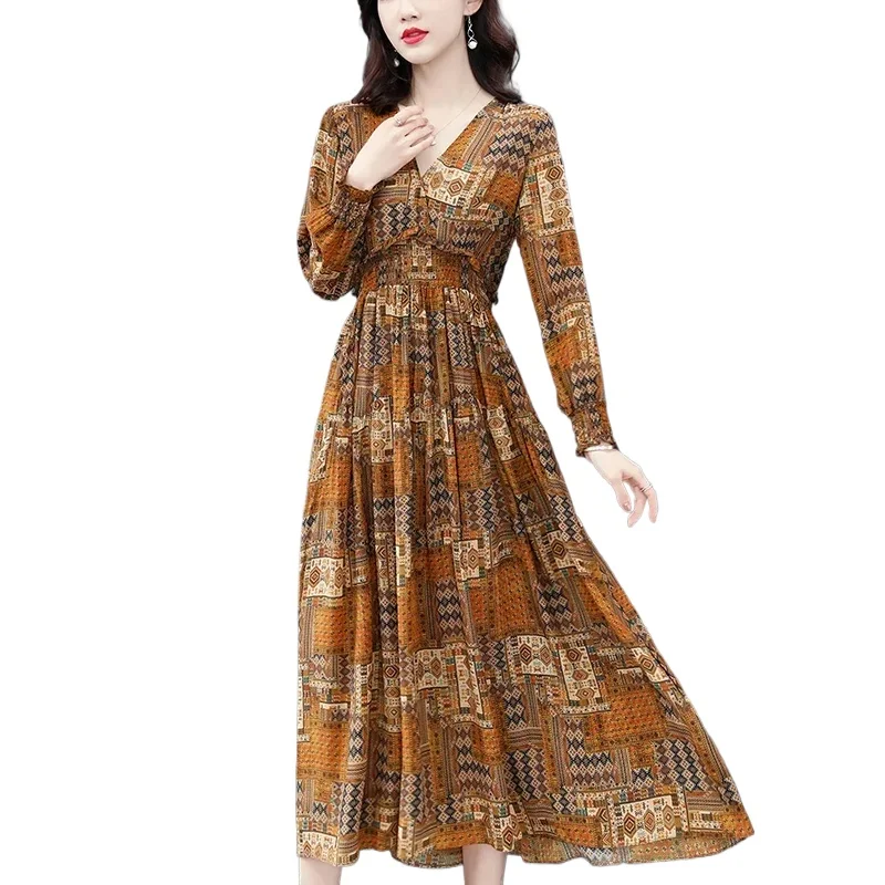 100% Autentyczna Jedwabna Sukienka Damska z Wysokim Stanem Letnia Sukienka Eleganckie Sukienki Damskie Długa Sukienka Boho Ropa Mujer Zjt2698