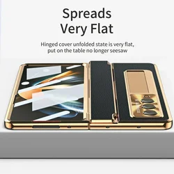 With Screen Protector Luxury Leather Case for Samsung Galaxy Z Fold 6 5 Z Fold 4 Z Fold 3 5G One-Piece Plating Stand Cover Gold