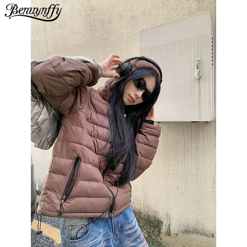 

Benuynffy American Lightweight Cotton-Padded Jacket Women 2026 Autumn Winter Hooded Long Sleeve Warm Short Coats New in Outwears