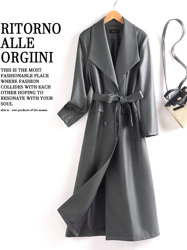   Ning Cappotto in vera pelle di eepskin da donna di media lunghezza 2025 Autunno New Sle Faion Giacca a vento sopra il ginocchio sottile