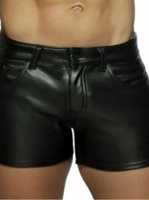 캐주얼 남성용 짧은 가죽 바지 단색 로우 웨이스트 버튼 클로저 슬림 핏 여름 청년 활동 스타일 일상복