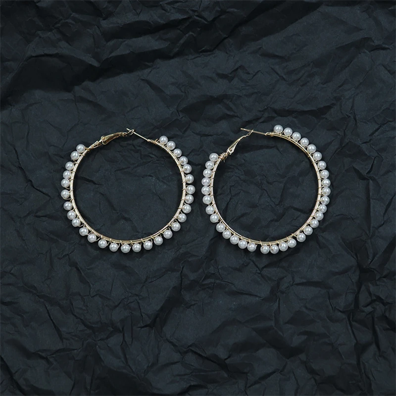 Mini Pearl Beads Women\'s Hoop Earrings Oversize Exaggerated Loop Earrings for Female Bohemian Ear Decoration Female Ear Jewelry