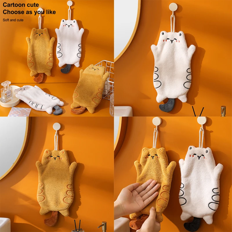 {MX} Cute Cat Coral Fleece Hand Towel Absorbent Quickly Dry Kitchen Wipe Dishwashing Cloth Bathroom Hanging Towels