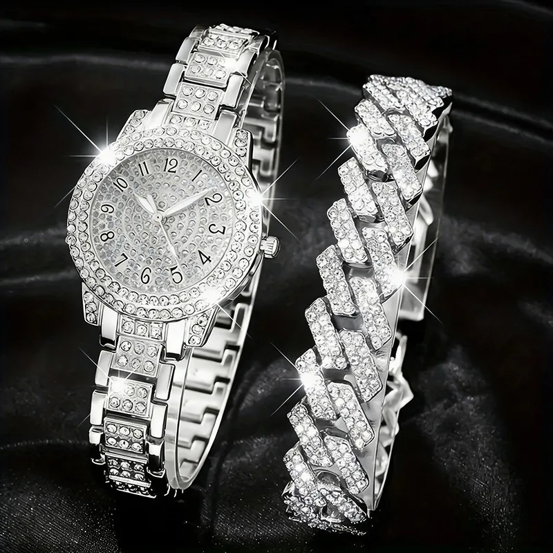 2PCS Luxury Rhinestone Women Watches Bracelet Set Fashion Arabic Dial Ladies Quartz Wristwatch Reloj Mujer Girls Clock Gift