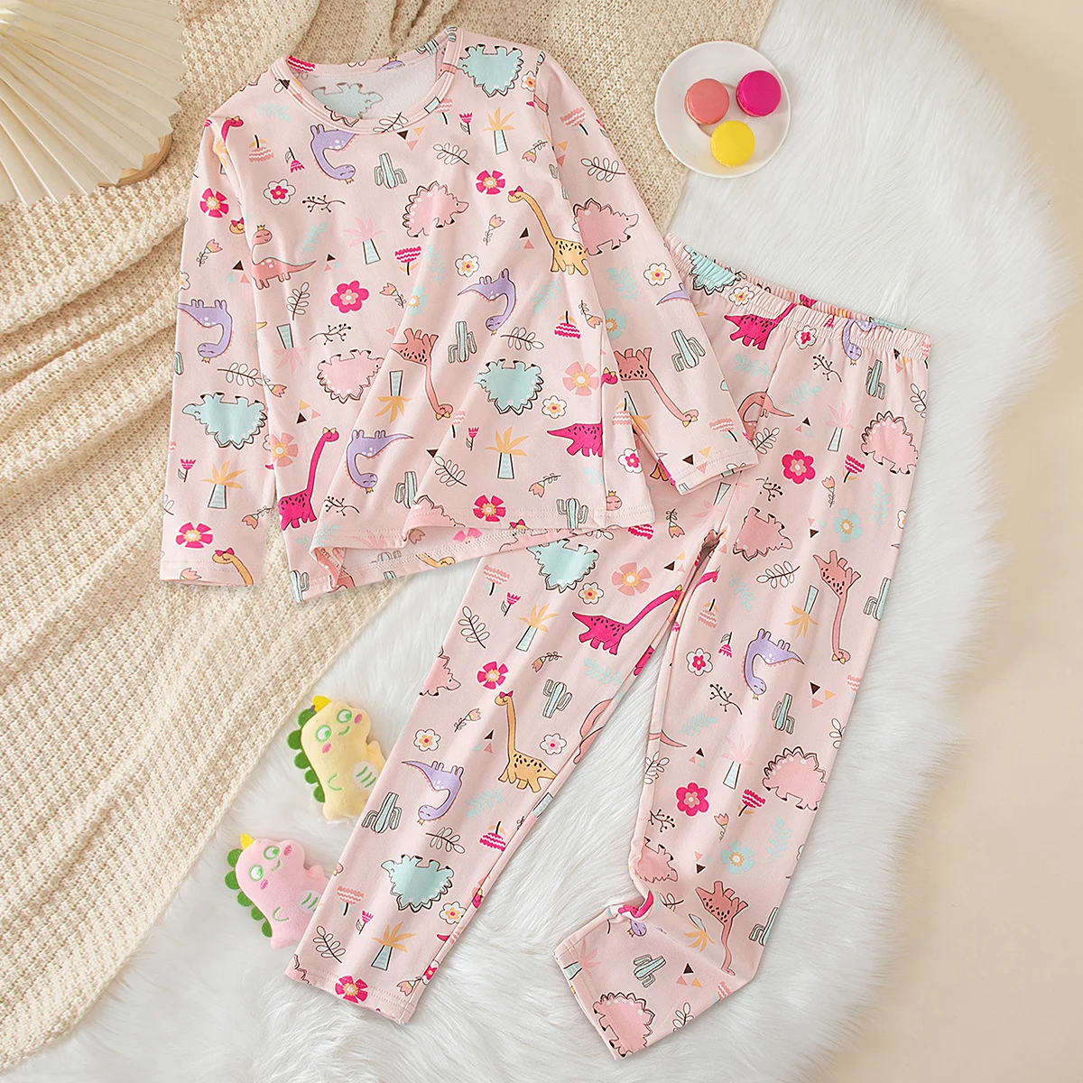 2-teiliges Set aus süßer und niedlicher bedruckter, warmer und dicker Unterwäsche für Mädchen im Herbst und Winter, bequemes langärmeliges Hausset – Detail 3