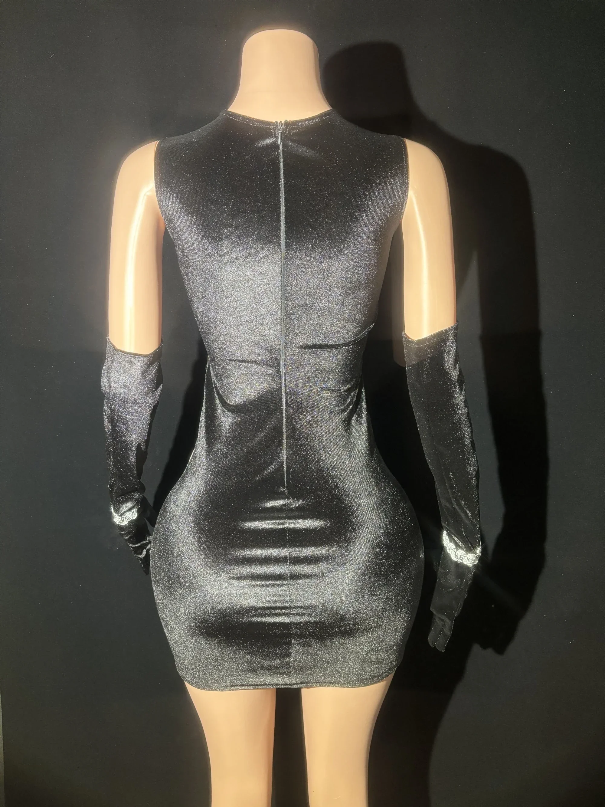 Robe de soirée en velours noir avec gants, gaine transparente, mini robe sexy, costume de performance de boîte de nuit, chanteur de bar, tenue de scène