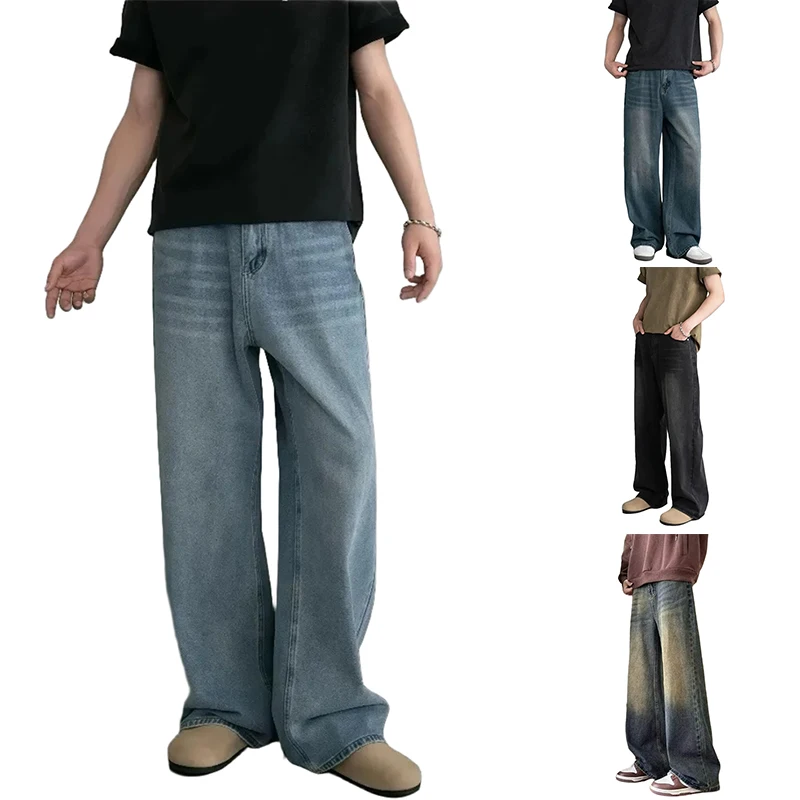 

Мужские прямые мешковатые широкие джинсы, повседневные прочные брюки, потертые брюки в стиле ретро