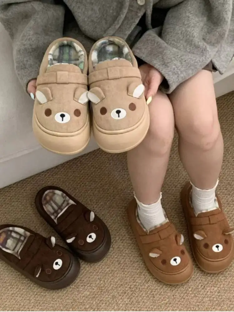

Women's Cute Bear Fleece Home Slippers Autumn Winter Ins Style Warm Soft For Students Indoor Household Slippers