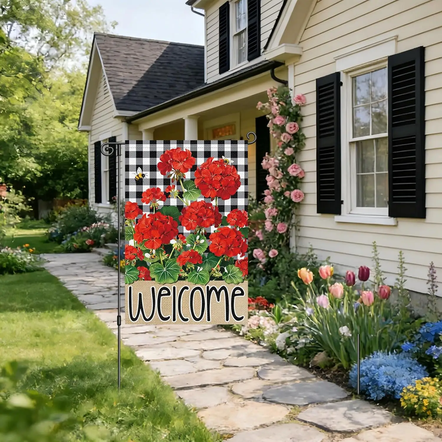 Heyfibro Welcome Spring Garden Flag 12x18 Inch Double Sided Black and White Buffalo Plaid Geranium Garden Flag Seasonal Smal ZZM