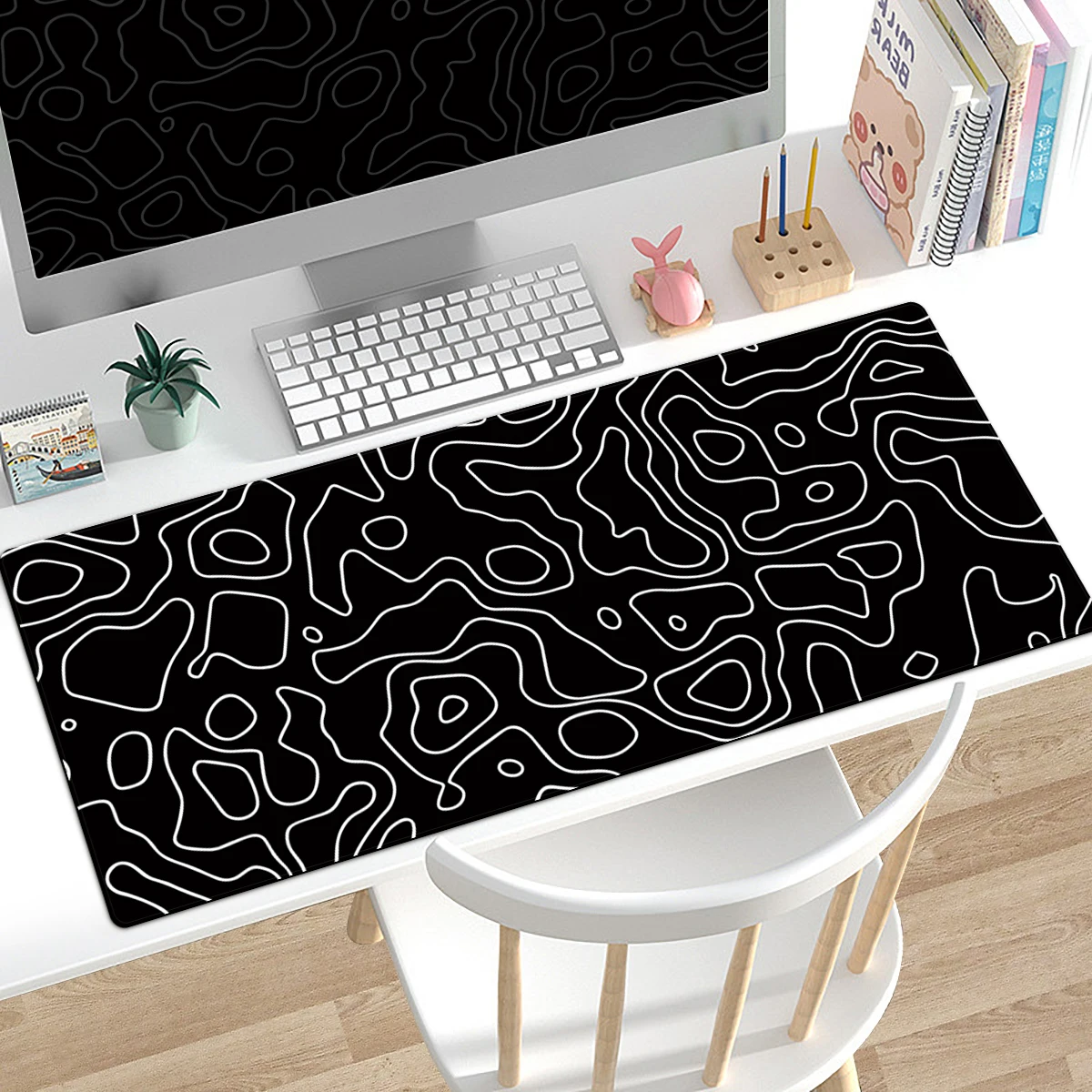 1pc Black&White Abstract Lines Mouse Pad Multi-size Washable Non-Slip Stitched Edge Computer Keyboard Desk Mat For Office Home