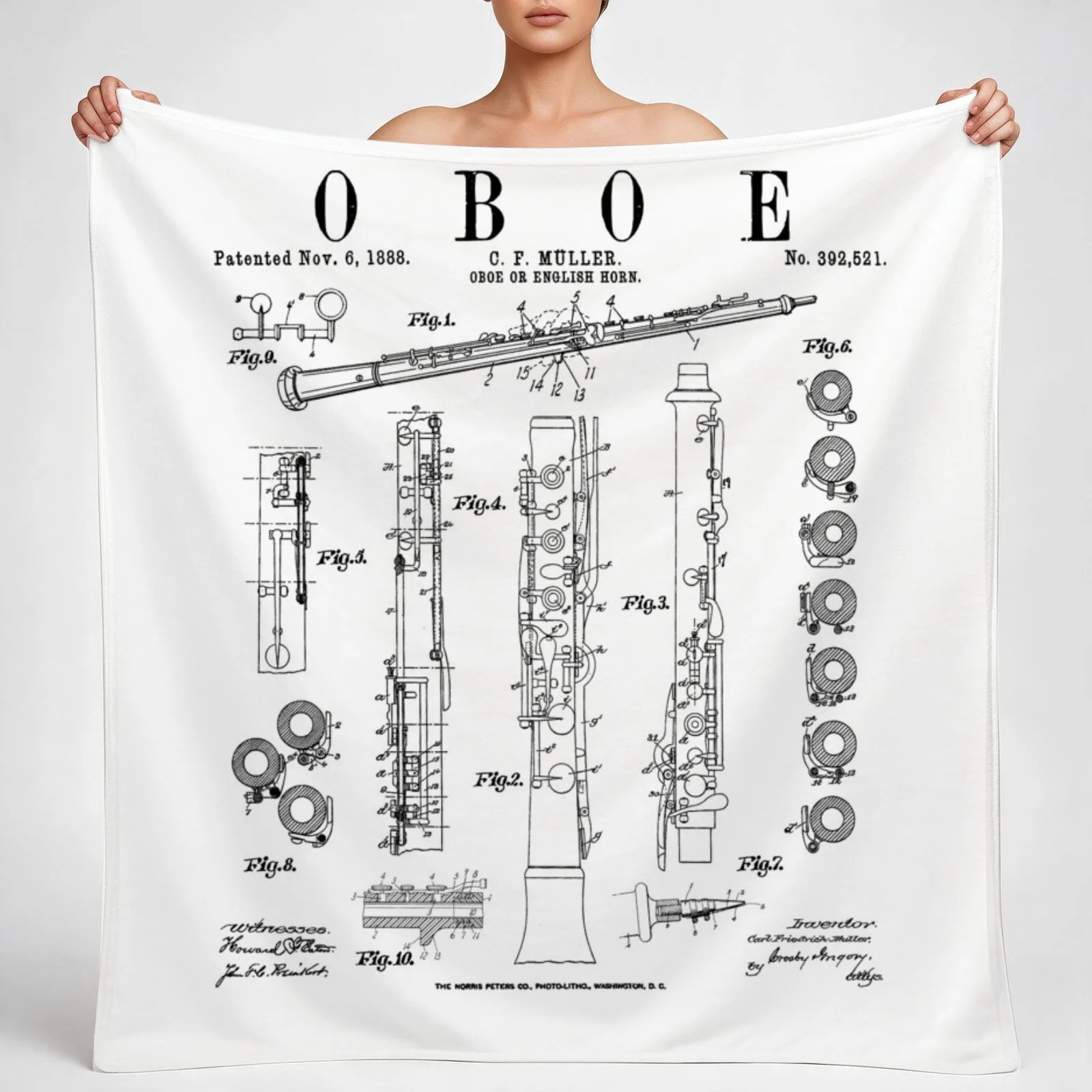 Oboe Vintage Patent Oboist Drawing Print Throw Blanket couch cozy soft plush fuzzy picnic outdoor blanket
