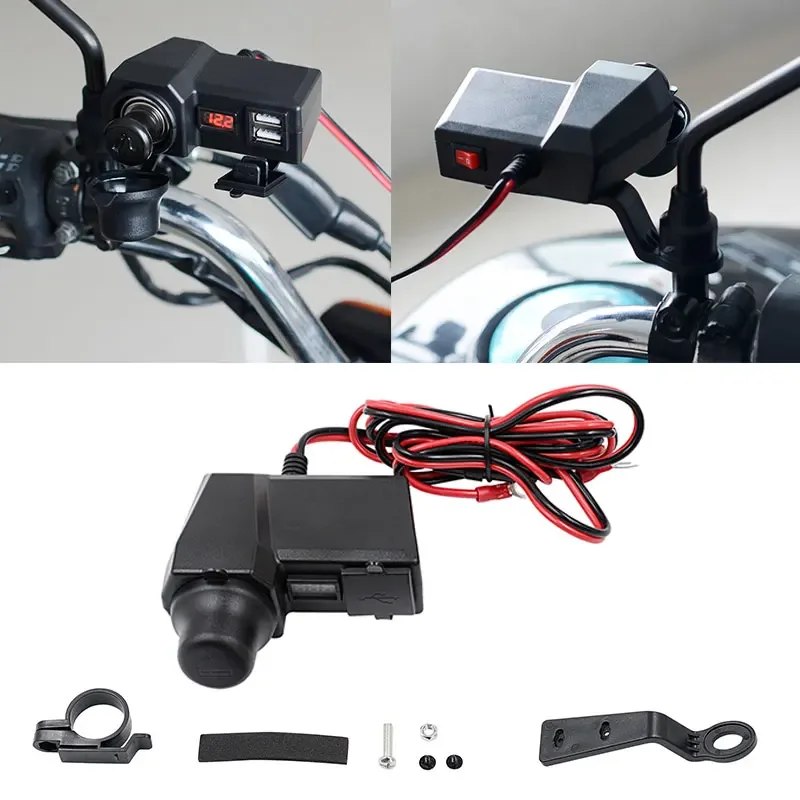 شاحن USB مزدوج للدراجات النارية مع منفذ مقبس ولاعة السجائر وعرض درجة الحرارة والجهد للهاتف اللوحي للشحن السريع