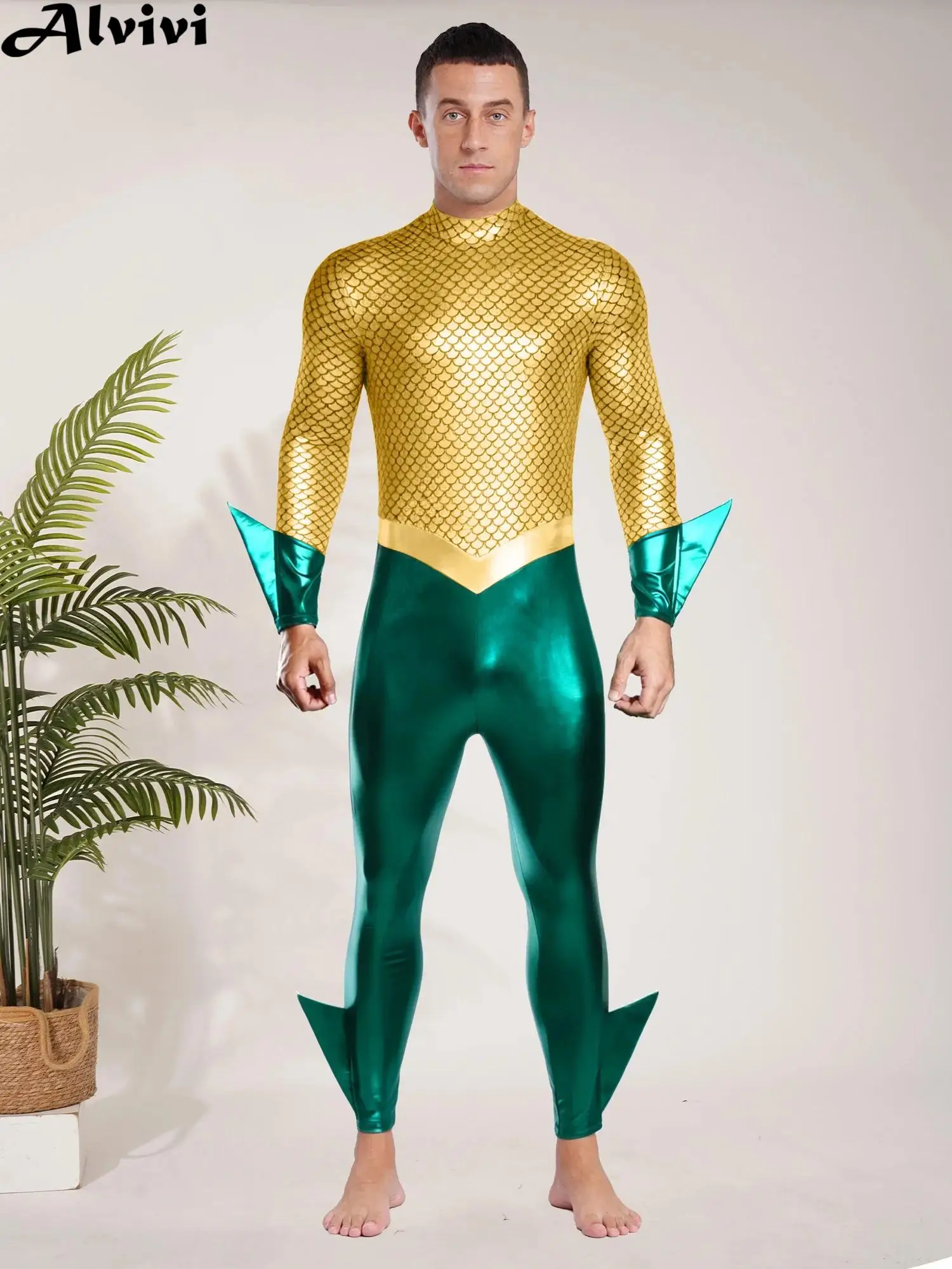 

Men Long Sleeve Metallic Shiny Fish Scale Print Jumpsuit Halloween Carnival Movie Hero Aquaman King of The Sea Cosplay Costume