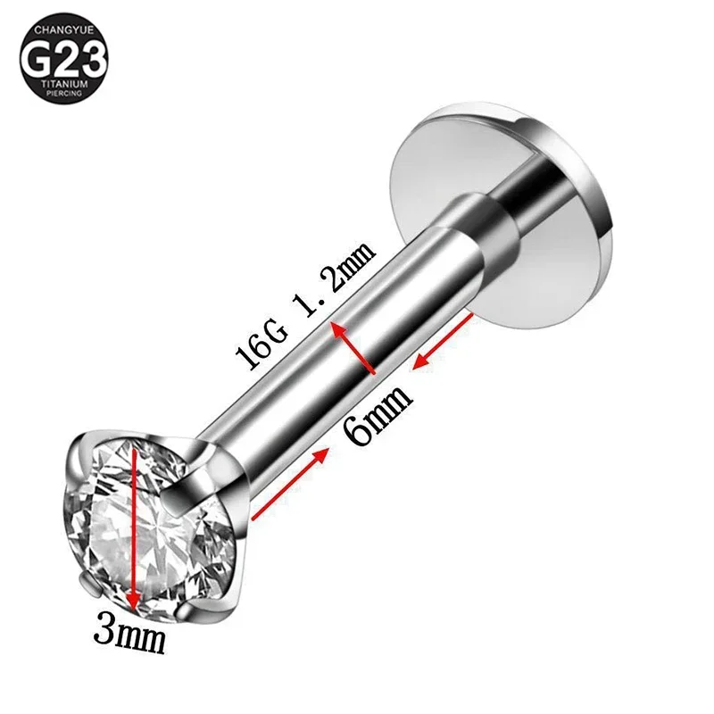 1 шт., внутренняя нить, губная серьга G23, титановый пирсинг, 2-5 мм, циркон, 6-10 мм, 16 г, кольца для губ, гвоздики для ногтей, серьги, украшения для пирсинга