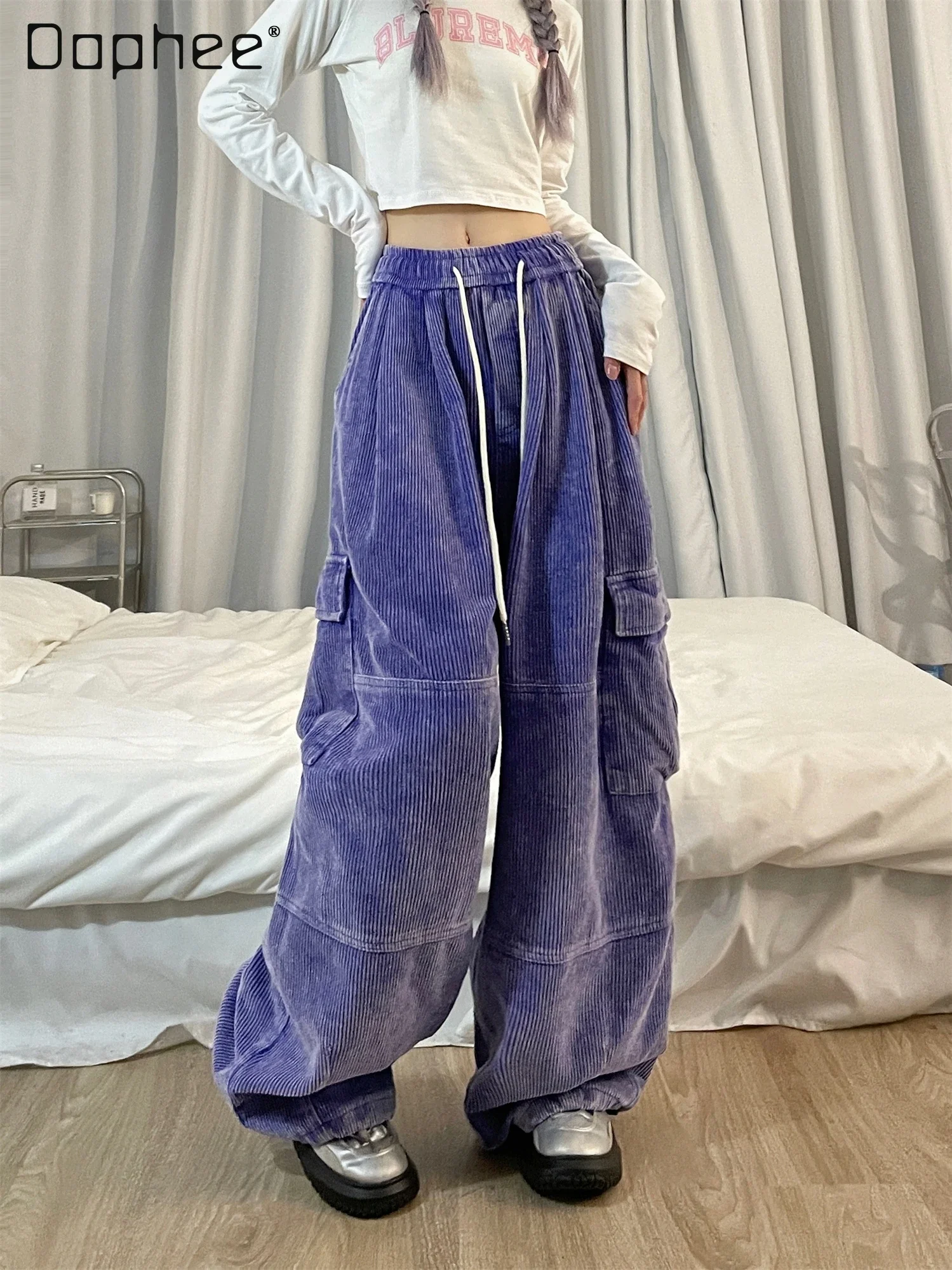 American Retro Purple Corduroy Overalls Fashion Pants Winter Loose Women Wide-Leg Thickened Washed Distressed Straight Trousers