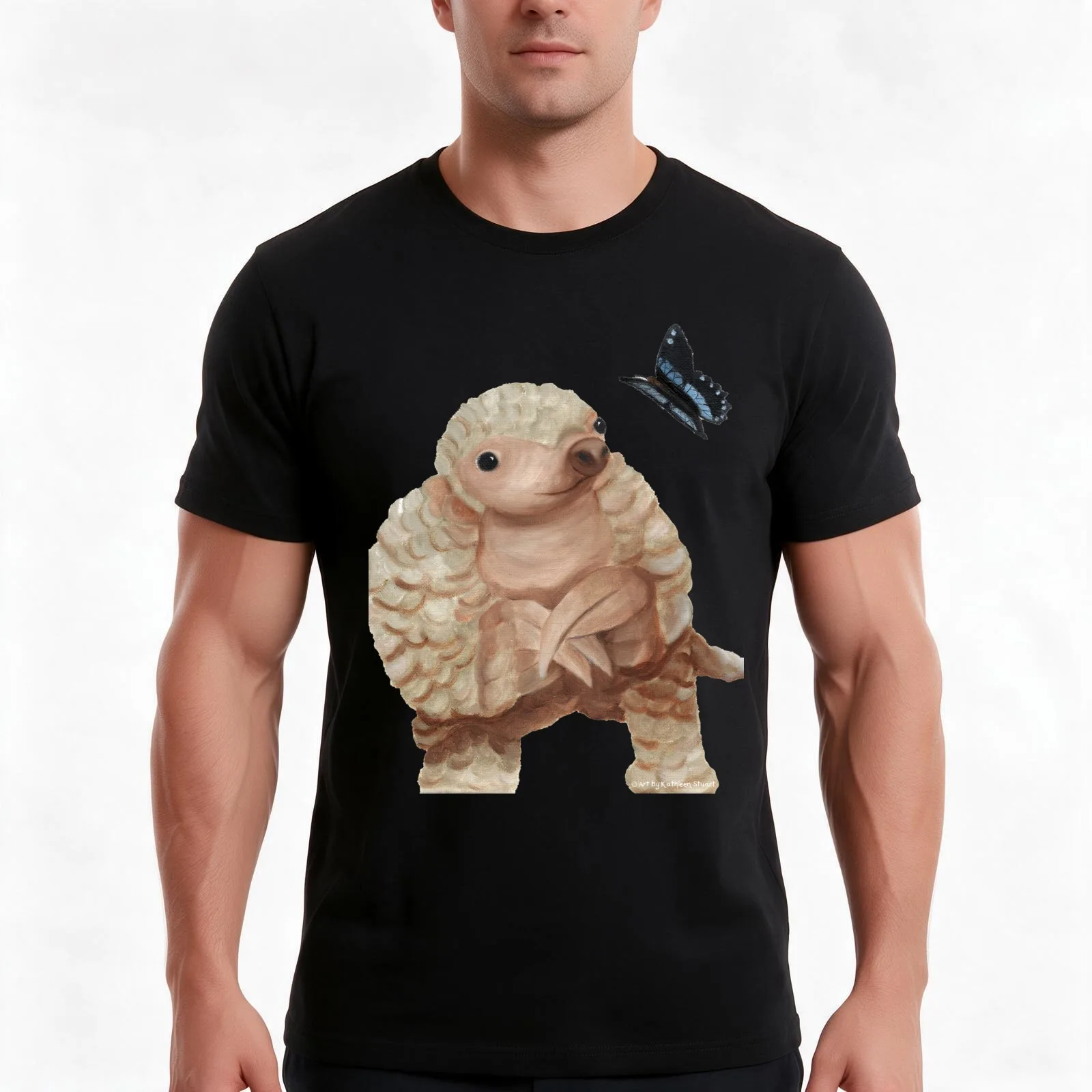 Pangolin and Butterfly - Cute Oil Painting T-Shirt, Summer Casual Cotton Tee, Oversized Streetwear Tops, Vintage Graphic Print