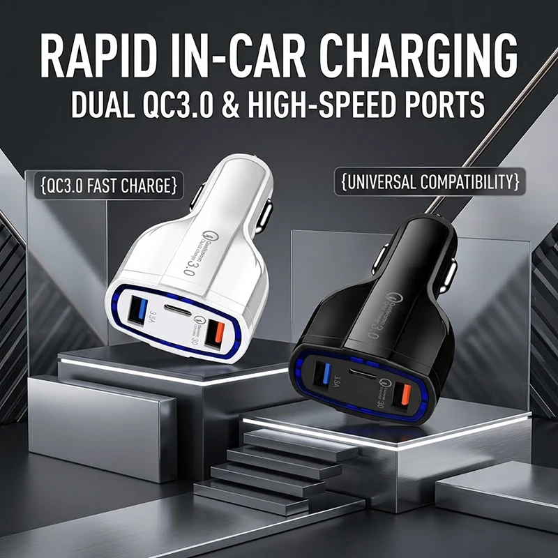 Smart 3-Port Car Charger QC 3.0 Dual USB Type C Fast Power Adapter 7A Max Current Auto Vehicle Lighter Plug For 12V-32V Trucks