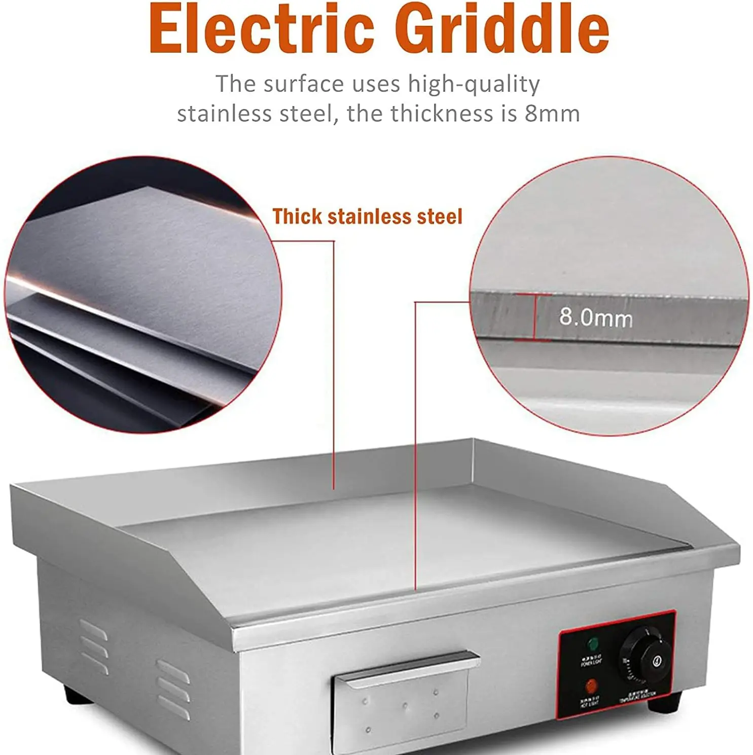Electric Countertop Griddle Stainless Steel BBQ Flat Top Grill Hot Plate, Adjustable Thermostatic Control 122°F-572°F, Stainless