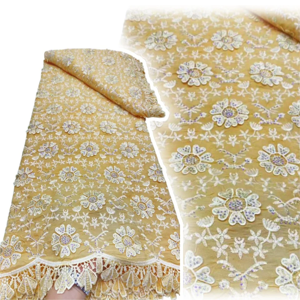 

2025 High-Quality Nigerian Tulle Lace Fabric for Wedding Dress Embroidery Sequins Party Guipure Chiffon Sewing 5Yard SZ1157