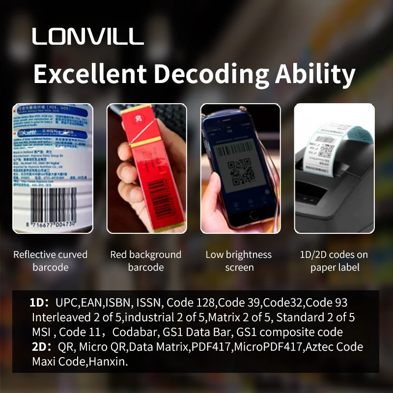 LONVILL 640x480 CMOS Wired 1D 2D QR Code Reader Handheld Barcode Scanner Wirh Stand